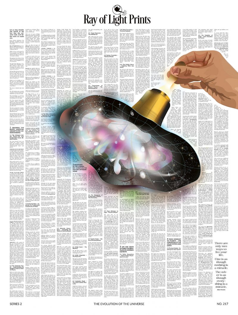 Evolution of the Universe Print Inspirational wall art of a hand holding a bell, morphing into an expanding universe filled with stars and colours, against a white background with text and an inspirational quote