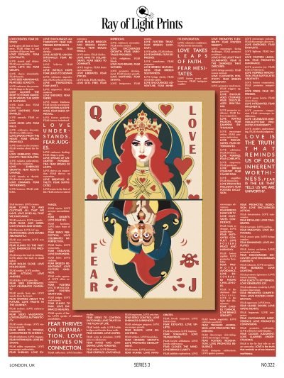 Inspirational wall art of a playing card divided with a Queen of Hearts on the top and a Joker expressing fear on the bottom, with text on a red background