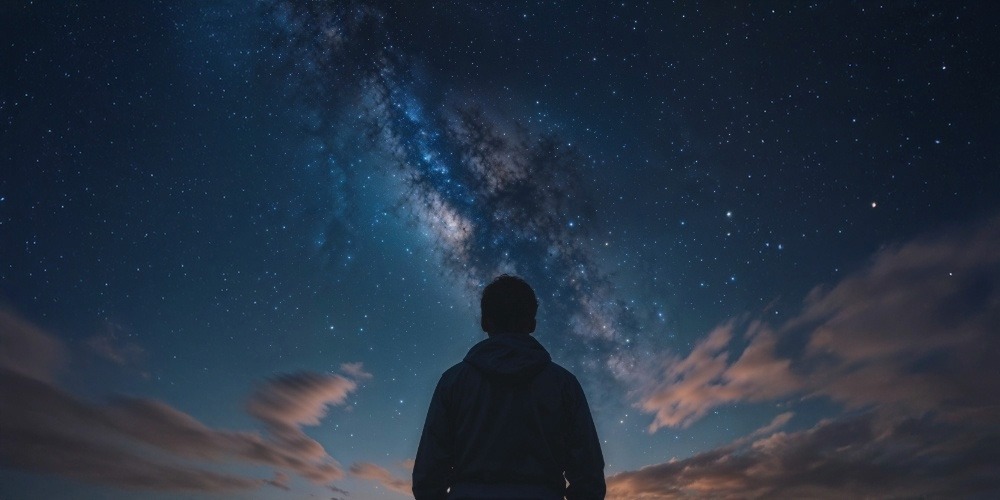 Silhouette of a person gazing up at the Milky Way in a night sky filled with stars.