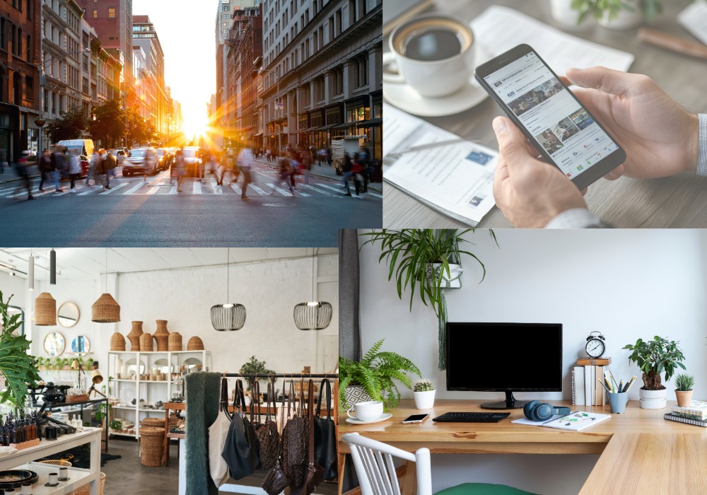Collage showing a busy city street, a phone screen, a shop, and a home workspace representing how environments shape our subconscious.