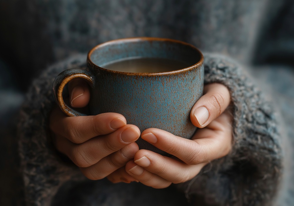 Hands holding a ceramic mug in soft light symbolising calm, reflection, and inner peace.