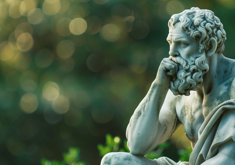 Ancient Greek statue of a philosopher representing timeless wisdom and reflection.