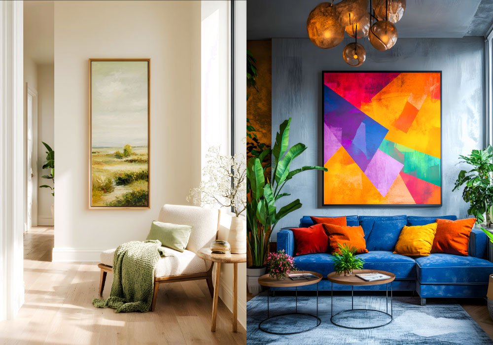 Split interior showing a calm hallway landscape print beside a bold colourful abstract above a blue sofa.