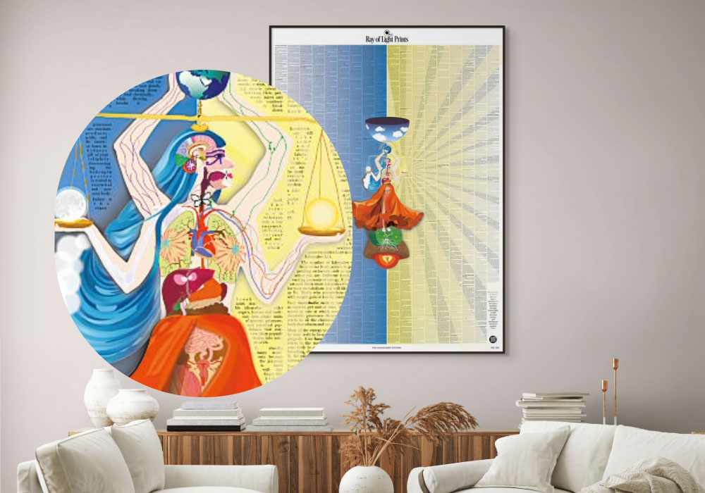 Framed Human Body Systems wall print in a living room with a circular close-up of the illustrated anatomy details.