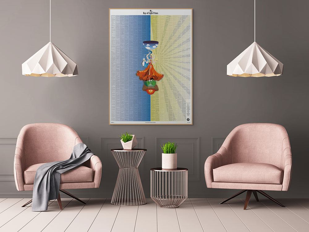 Two blush pink armchairs beneath the Human Body Systems print by Ray of Light Prints on a dark grey wall with pendant lights.