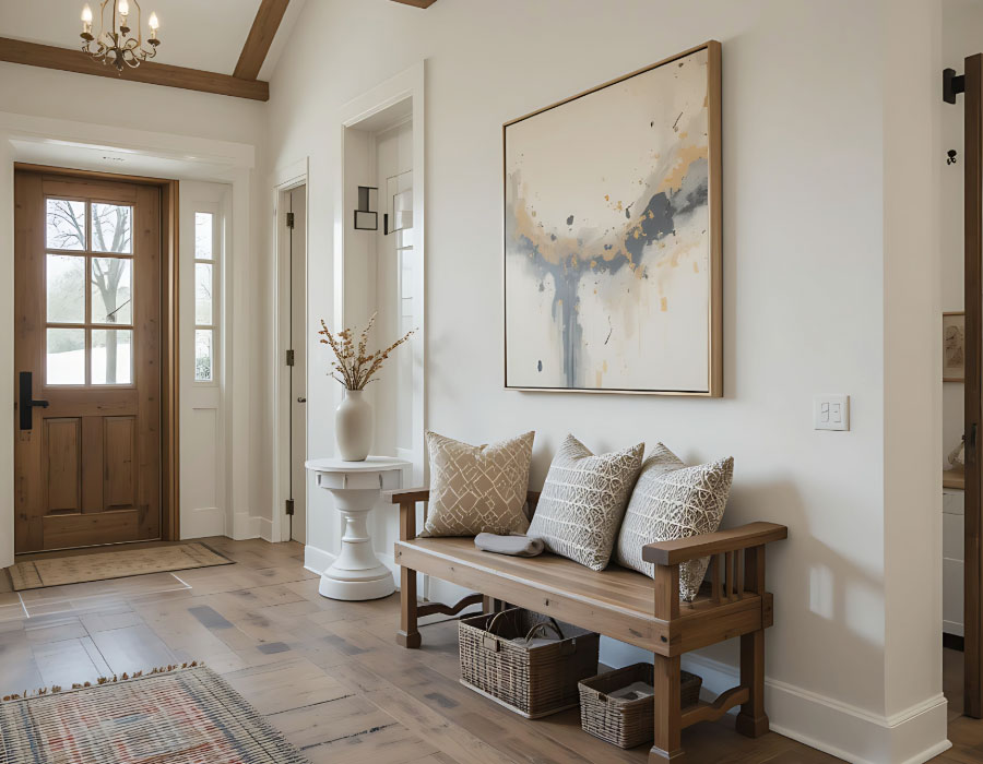 Bright hallway with wooden bench, neutral cushions, side table with vase, and large abstract wall art above the bench.