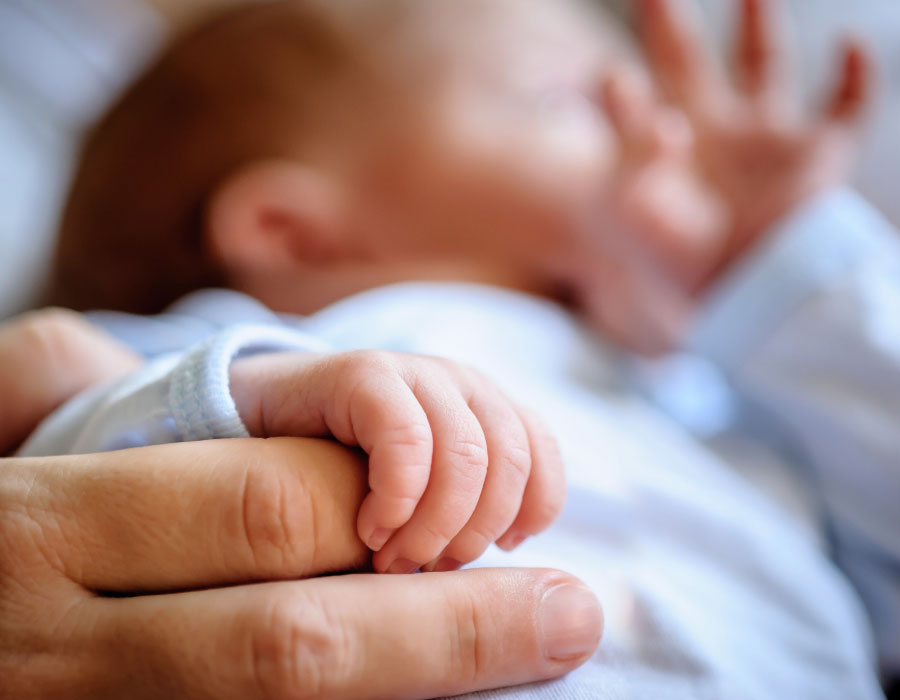 Close-up of a baby’s hand holding an adult finger, symbolising the human body and the elements that support life.