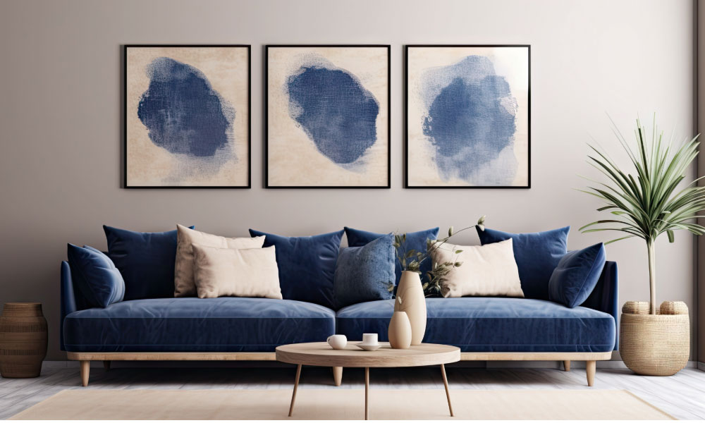 Blue velvet sofa with three framed abstract blue artworks above it, styled with neutral cushions, round coffee table and indoor plant.