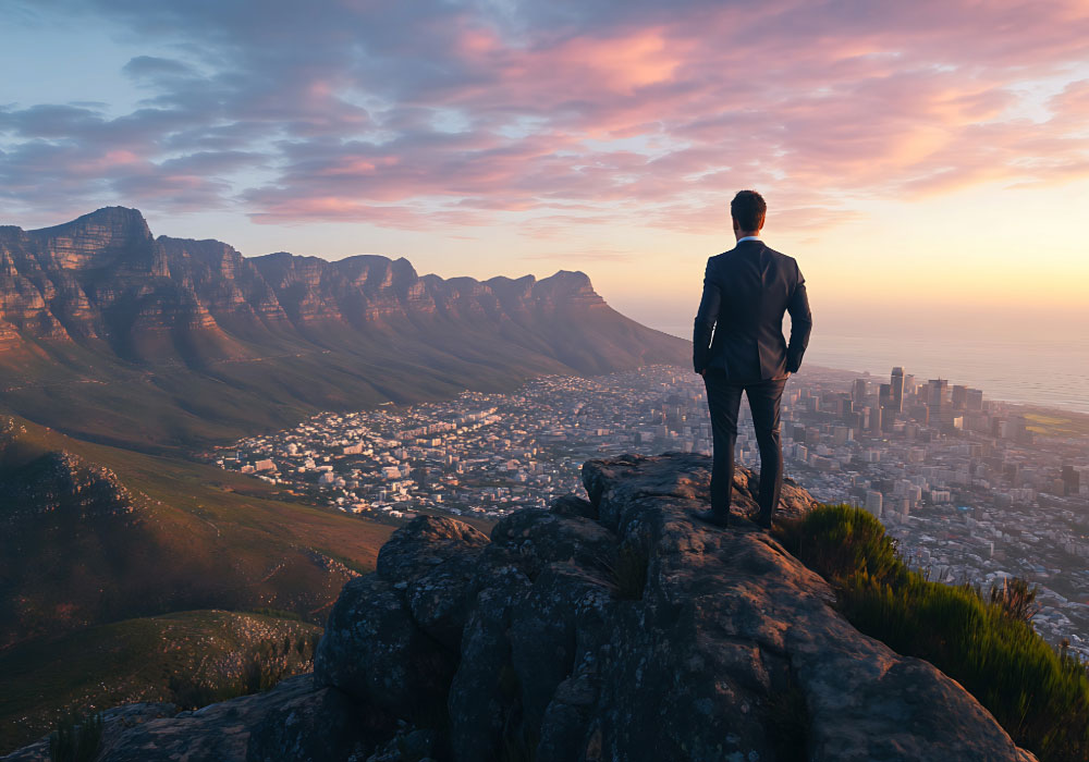 Person standing on a rocky viewpoint overlooking a city and mountains at sunset.