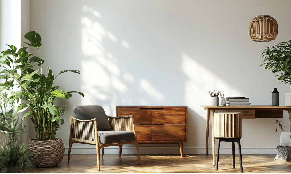 Minimal room with wooden furniture, desk, chair, large plants and a blank white wall with natural sunlight.