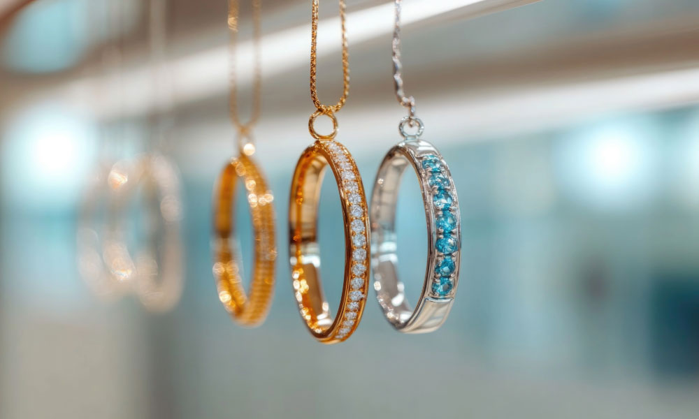 Close-up of gold and silver rings with gemstones hanging on fine chains against a soft blurred background.