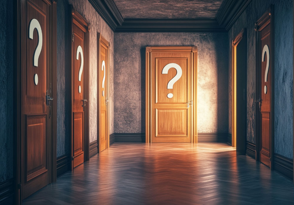 Dim hallway with multiple doors marked with large question marks and one door lit in the centre.