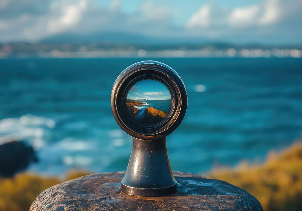 Viewing scope on a seaside cliff with the ocean in the background and coastline visible through the lens.