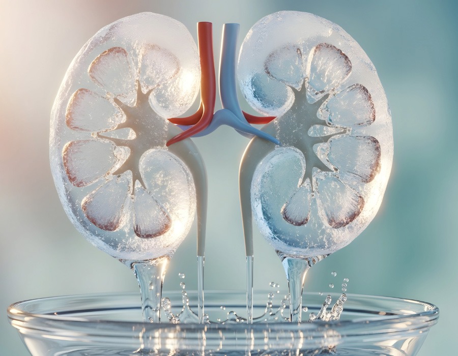 Artistic image of two translucent kidneys with blood vessels and flowing liquid beneath them.