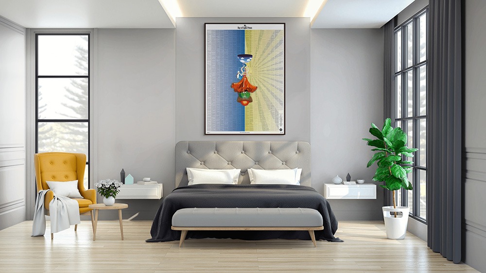 Bedroom interior with a framed Human Body Systems print hanging above the bed.
