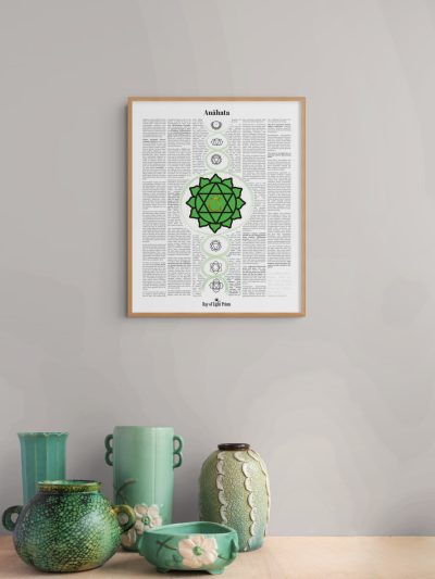 Anāhata heart chakra print in a light wood frame above a wooden surface displaying green and turquoise ceramic vases and a floral bowl.