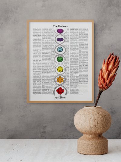 Chakras introduction print in a light wood frame on a textured grey wall, beside a speckled ceramic vase holding a dried reddish flower.