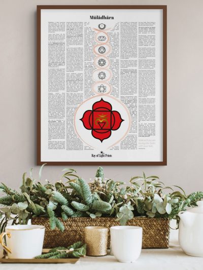 Mūlādhāra root chakra print in a dark wood frame above a woven basket of greenery, with cups and a white teapot below.