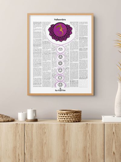 Sahasrāra crown chakra print in a light wood frame above a pale wooden cabinet with candles, a woven basket and a tall vase of dried foliage.
