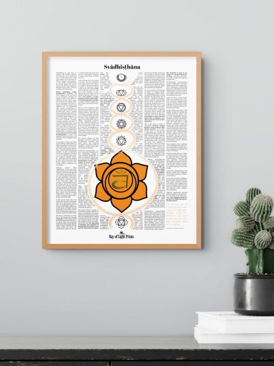 Svādhiṣṭhāna sacral chakra print in a light wood frame on a grey wall, beside a potted cactus resting on stacked white books.