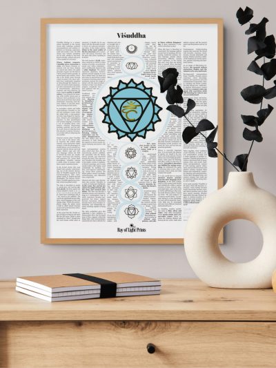 Viśuddha throat chakra print in a light wood frame above a wooden cabinet, partly overlapped by dark foliage in a cream ring-shaped vase.